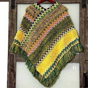 Multicolor Chevron Knit Boho Poncho Sweater Festival Gypsy